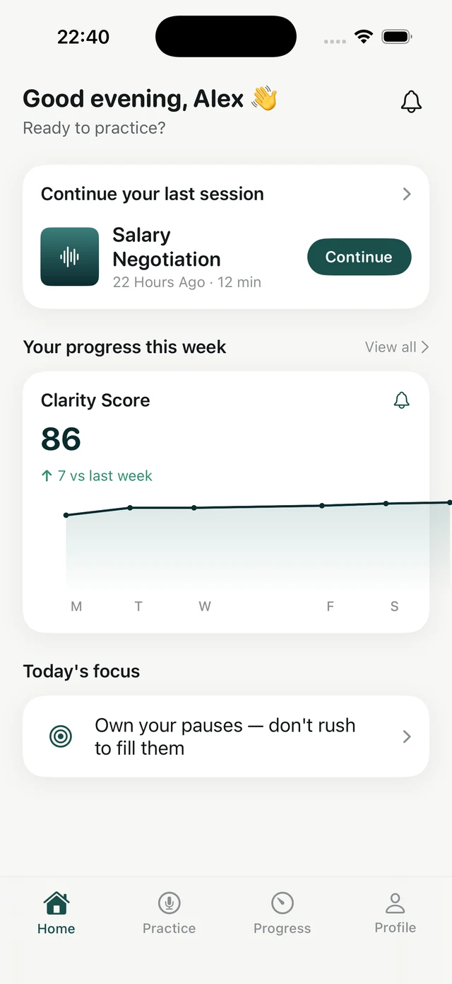 Auris home screen showing a Clarity Score of 86, a weekly progress chart, and today's focus