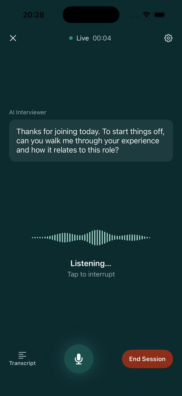 Live Auris session — the AI interviewer asks a question while Auris listens